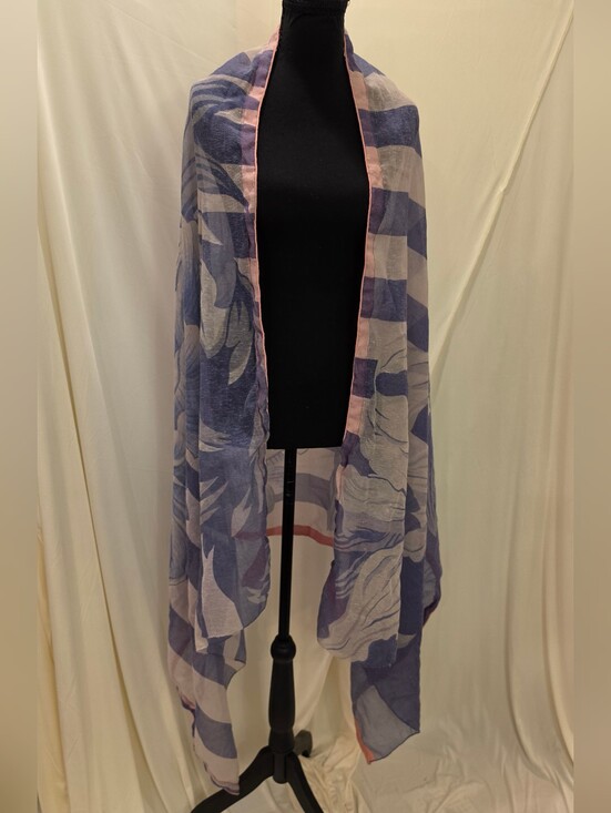 None Accessories - Oversized Sheer Floral Stripe Scarf Wrap Shawl Blue Purple Long Big Bloom 85x39